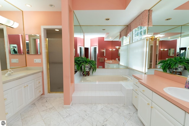 bathroom featuring a bath, two vanities, a shower stall, and marble look tiles