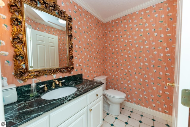 full bathroom with wallpapered walls, toilet, crown molding, curtained shower, and vanity