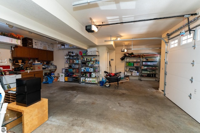 garage featuring a workshop area and a garage door opener