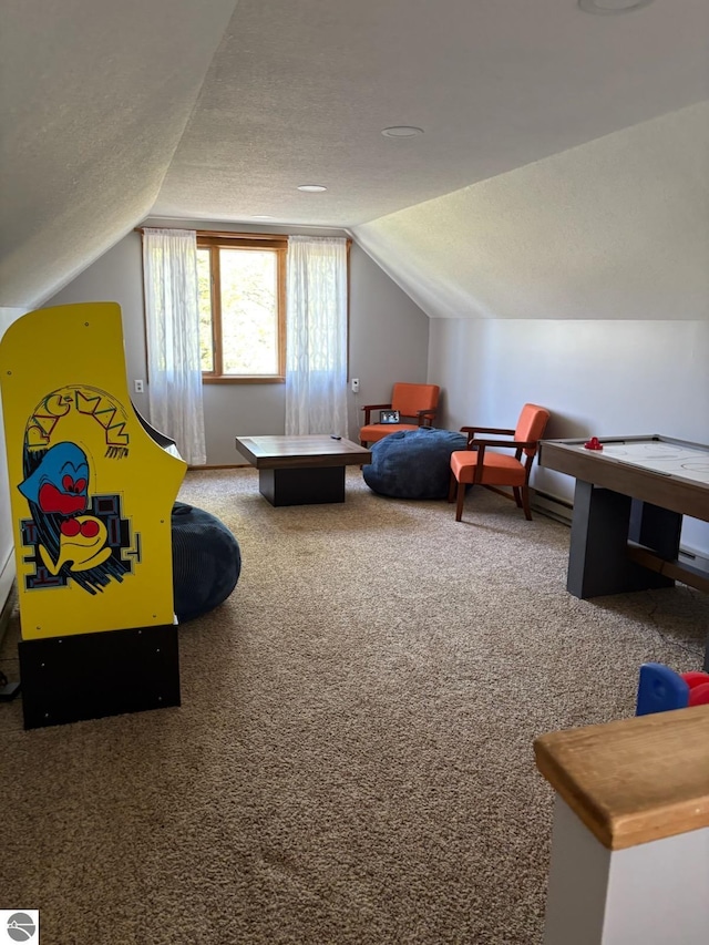 5540 Golf Meadows Dr, Bellaire, MI 49615 - carpeted bedroom featuring lofted ceiling and a textured ceiling
