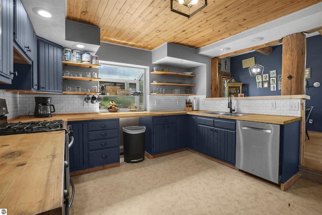 512 Indiana St, Manton, MI 49663 - kitchen featuring butcher block countertops, open shelves, stainless steel appliances, a sink, and blue cabinetry