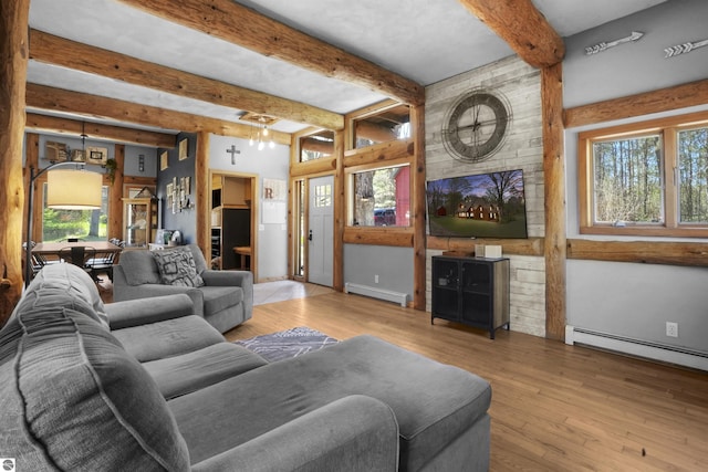 512 Indiana St, Manton, MI 49663 - living area featuring a baseboard heating unit, healthy amount of natural light, wood finished floors, and beamed ceiling