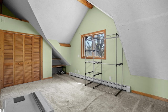 512 Indiana St, Manton, MI 49663 - exercise room featuring baseboard heating, lofted ceiling, carpet flooring, and baseboards