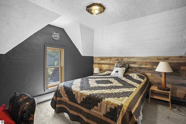 512 Indiana St, Manton, MI 49663 - carpeted bedroom featuring wooden walls, baseboard heating, and vaulted ceiling