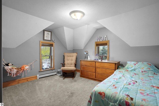 512 Indiana St, Manton, MI 49663 - bedroom with baseboard heating, multiple windows, carpet, and lofted ceiling