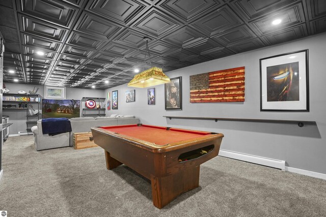 512 Indiana St, Manton, MI 49663 - rec room featuring an ornate ceiling, baseboard heating, billiards table, carpet flooring, and baseboards