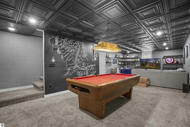 512 Indiana St, Manton, MI 49663 - playroom with billiards table, an ornate ceiling, and carpet floors