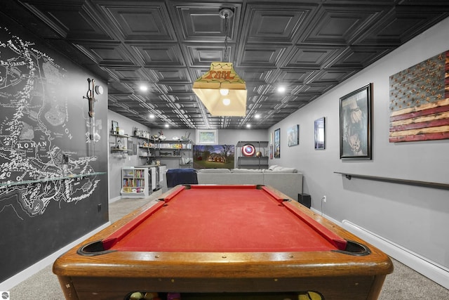 512 Indiana St, Manton, MI 49663 - game room featuring carpet flooring, baseboard heating, an ornate ceiling, billiards table, and baseboards