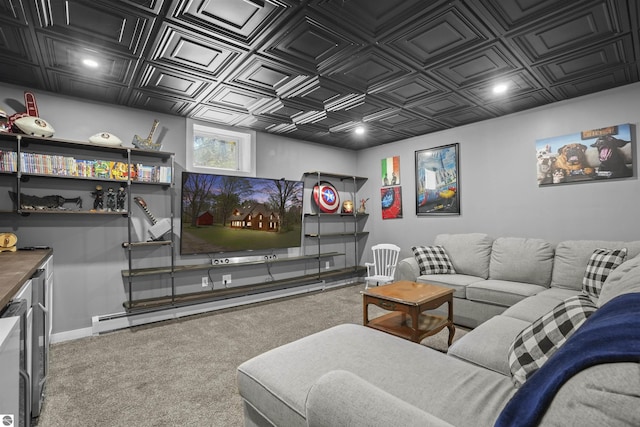 512 Indiana St, Manton, MI 49663 - living room with an ornate ceiling, baseboard heating, baseboards, carpet, and recessed lighting