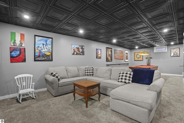 512 Indiana St, Manton, MI 49663 - carpeted living area with an ornate ceiling, recessed lighting, and baseboards