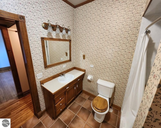 442 E Harris St, Cadillac, MI 49601 - bathroom featuring toilet, vanity, ornamental molding, and baseboards
