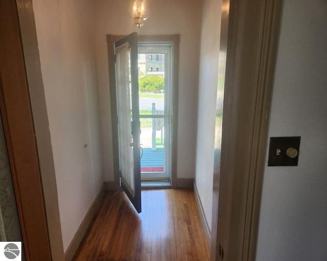 442 E Harris St, Cadillac, MI 49601 - doorway to outside featuring hardwood / wood-style floors and baseboards