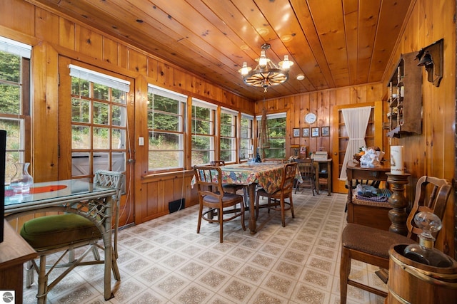 7548 S Dune Hwy, Empire, MI 49630 - dining room with wood walls, plenty of natural light, a chandelier, and wood ceiling