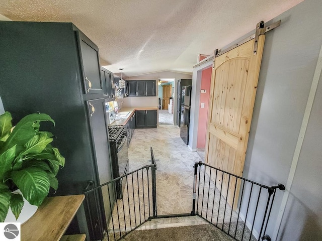 411 S Grover Ave Lot 39, Alma, MI 48801 - hall with lofted ceiling, a sink, a barn door, a textured ceiling, and an upstairs landing