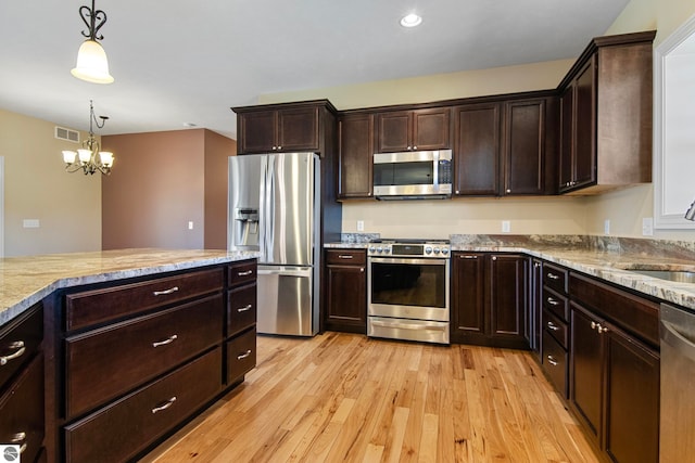 8233 Barney Rd, Traverse City, MI 49684 - kitchen with appliances with stainless steel finishes, a sink, a chandelier, light wood-style floors, and pendant lighting