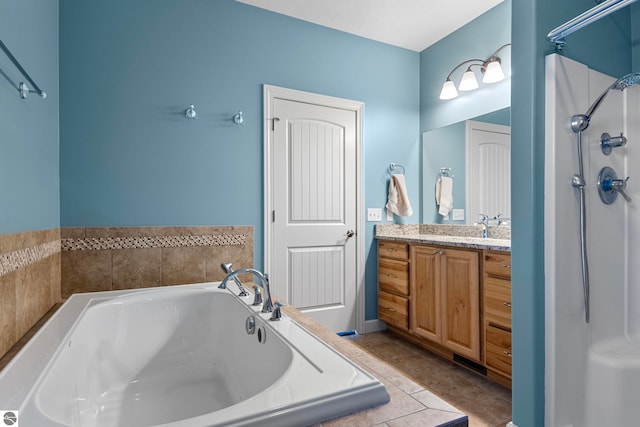 8233 Barney Rd, Traverse City, MI 49684 - full bathroom with a bath, vanity, a shower, and tile patterned flooring