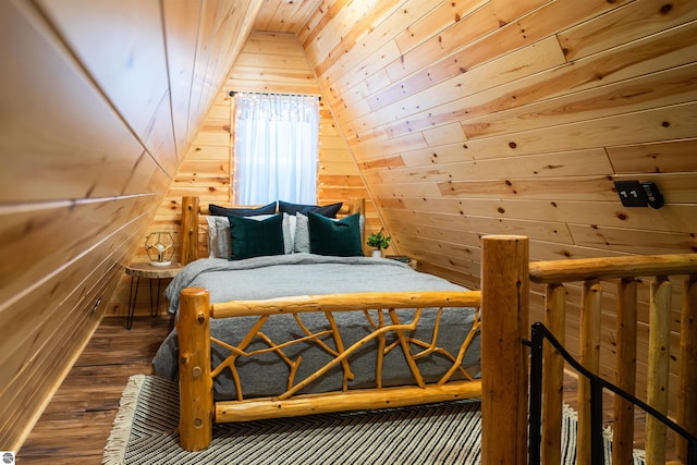 1428 Morel Ln, Grayling, MI 49738 - bedroom featuring wooden walls, wooden ceiling, wood finished floors, and lofted ceiling