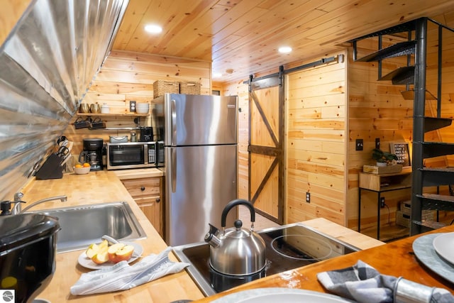 1428 Morel Ln, Grayling, MI 49738 - kitchen with appliances with stainless steel finishes, a sink, wood ceiling, wood walls, and a barn door