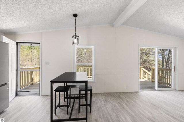 dining area with light wood-style floors, a textured ceiling, and healthy amount of natural light