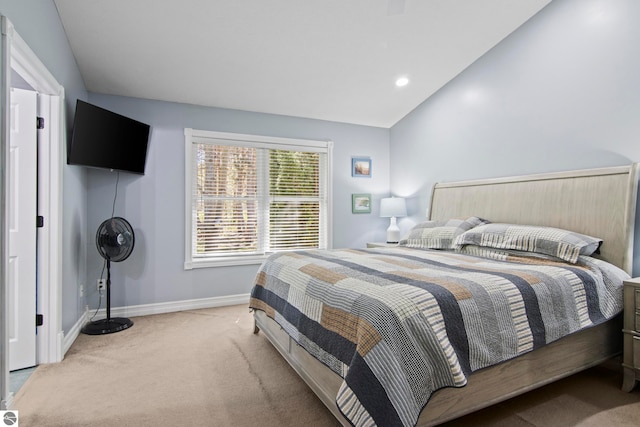8256 Mapleleaf Dr, Traverse City, MI 49684 - bedroom featuring carpet floors, lofted ceiling, baseboards, and recessed lighting
