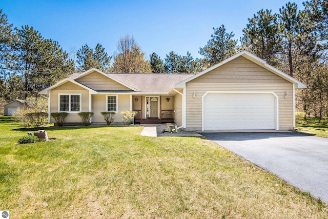 8256 Mapleleaf Dr, Traverse City, MI 49684 - ranch-style house with a garage, driveway, a front lawn, and roof with shingles