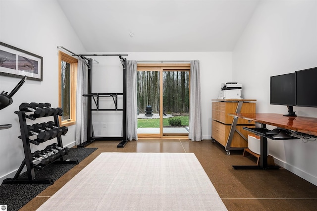 20651 E Trails End Trl, Interlochen, MI 49643 - exercise room featuring lofted ceiling and baseboards
