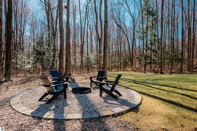 20651 E Trails End Trl, Interlochen, MI 49643 - view of grassy yard with a fire pit and a forest view