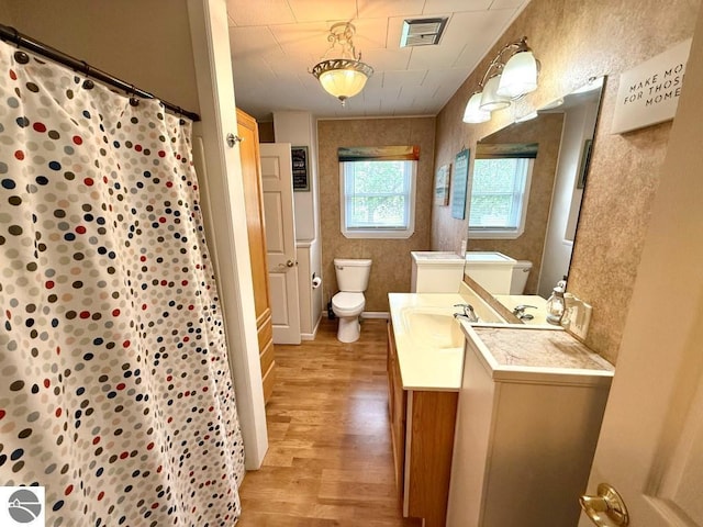 1411 N Dr, Mount Pleasant, MI 48858 - full bath with wood finished floors, toilet, vanity, washing machine and clothes dryer, and curtained shower