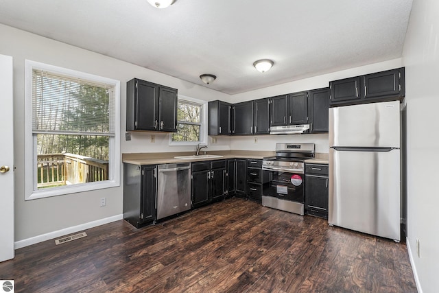7401 Red Maple Dr, Cadillac, MI 49601 - kitchen featuring appliances with stainless steel finishes, a sink, light countertops, under cabinet range hood, and dark cabinets