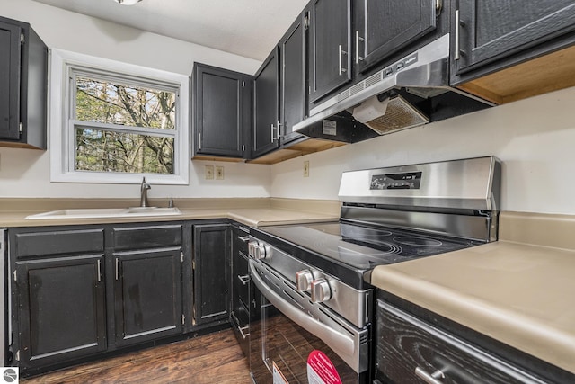 7401 Red Maple Dr, Cadillac, MI 49601 - kitchen featuring stainless steel electric range, a sink, under cabinet range hood, dark cabinetry, and light countertops