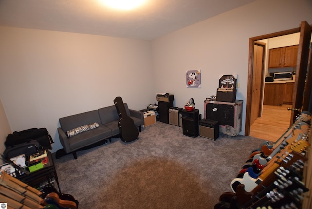 interior space featuring light colored carpet