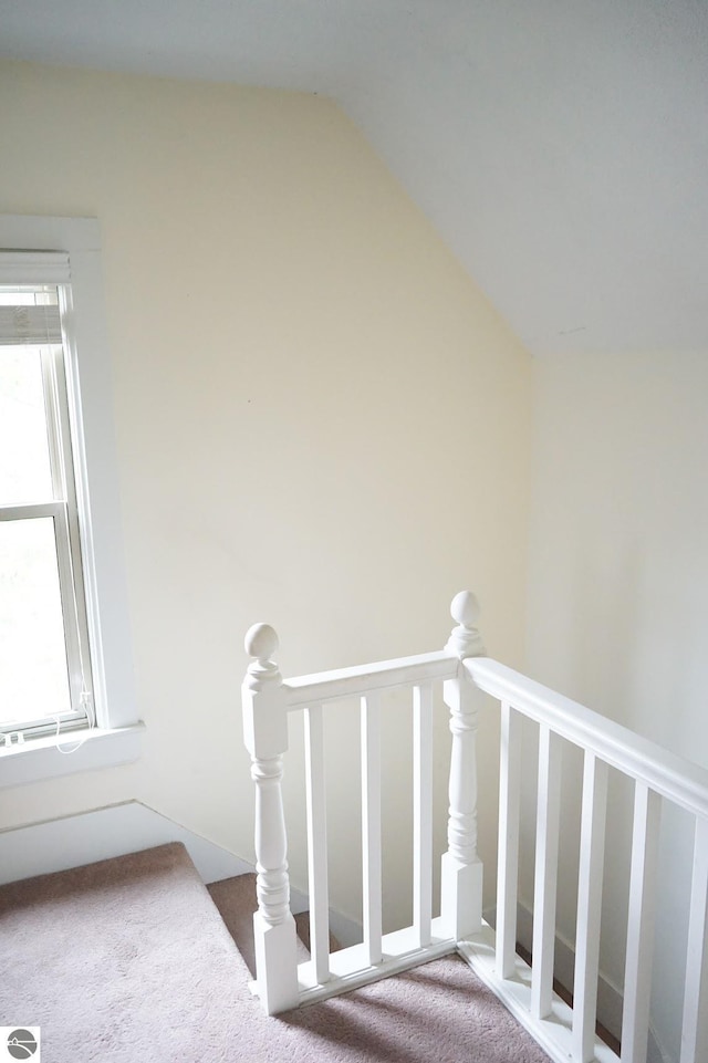 staircase featuring carpet floors and vaulted ceiling