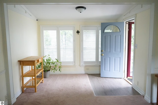 foyer entrance featuring lofted ceiling, carpet floors, healthy amount of natural light, and baseboards