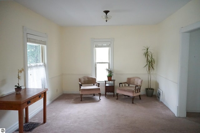 living area featuring healthy amount of natural light and carpet floors