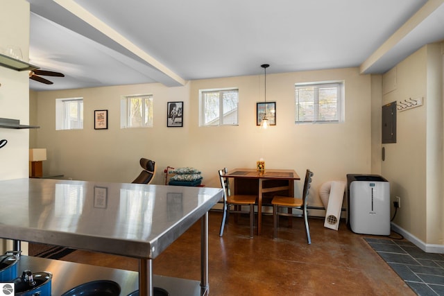 9869 E Cherry Bend Rd, Traverse City, MI 49684 - dining space with electric panel, plenty of natural light, ceiling fan, and baseboards