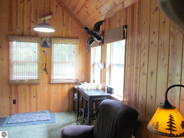 00 S 47 3/4 Rd, Cadillac, MI 49601 - sitting room featuring wood walls, vaulted ceiling, and carpet flooring