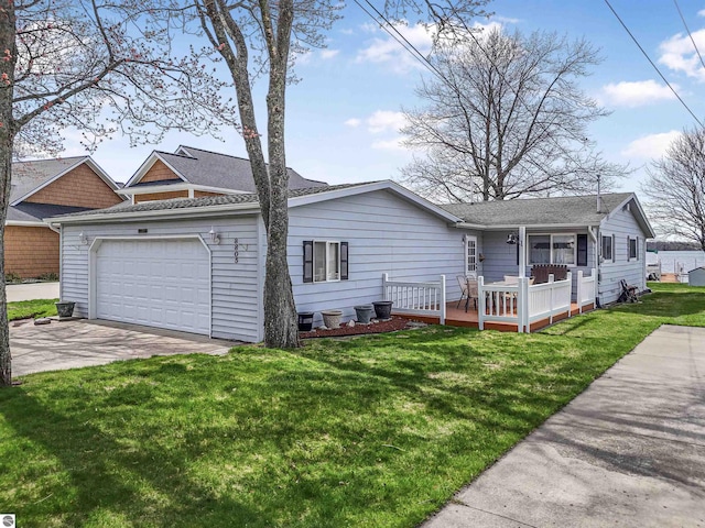 8805 Iroquois Trl, Saint Helen, MI 48656 - view of front of property with a garage, driveway, a front lawn, a wooden deck, and a shingled roof