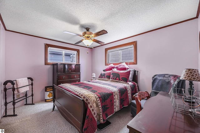 8805 Iroquois Trl, Saint Helen, MI 48656 - bedroom featuring ornamental molding, carpet floors, a ceiling fan, and a textured ceiling