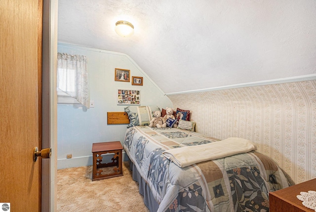 carpeted bedroom with vaulted ceiling and a textured ceiling