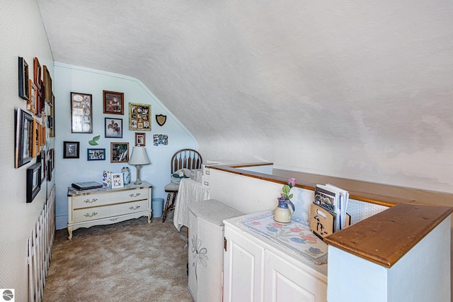 hallway with lofted ceiling, light carpet, and a textured ceiling