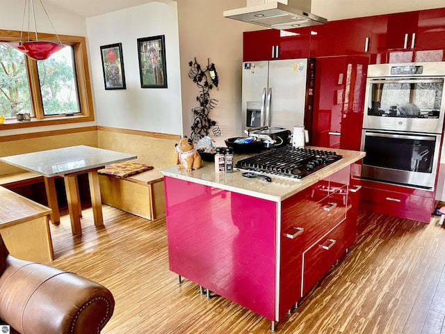 kitchen with stainless steel appliances, red cabinetry, wood finished floors, under cabinet range hood, and a kitchen island