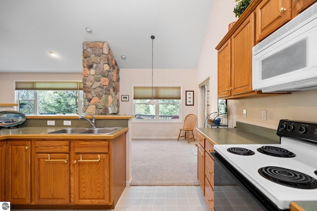 4854 Forest Trl, Bellaire, MI 49615 - kitchen featuring range with electric stovetop, white microwave, a sink, brown cabinetry, and light carpet