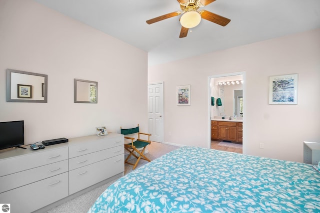 4854 Forest Trl, Bellaire, MI 49615 - bedroom featuring light carpet, high vaulted ceiling, a ceiling fan, baseboards, and connected bathroom