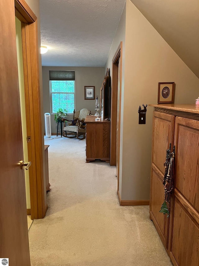6557 Betsie River Rd, Interlochen, MI 49643 - hallway with light carpet, baseboards, and a textured ceiling