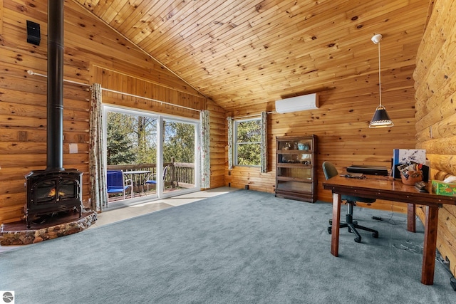 4306 Central Park Dr, Grawn, MI 49637 - unfurnished office featuring a wood stove, plenty of natural light, lofted ceiling, a wall unit AC, and carpet flooring