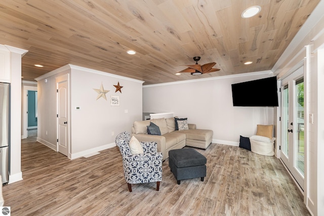 1254 Queensway Dr, Lake Isabella, MI 48893 - living area with ornamental molding, light wood-style flooring, baseboards, wooden ceiling, and recessed lighting