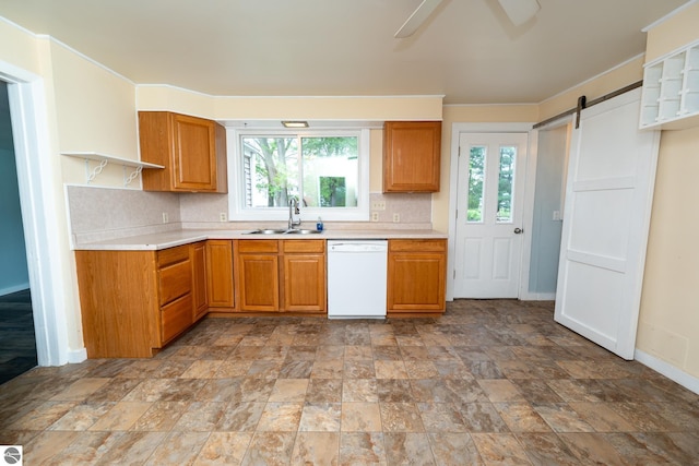 1618 E High, Mount Pleasant, MI 48858 - kitchen featuring dishwasher, a sink, open shelves, tasteful backsplash, and a barn door
