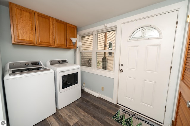 1618 E High, Mount Pleasant, MI 48858 - clothes washing area with cabinet space, washer and dryer, dark wood-type flooring, and baseboards