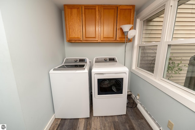 1618 E High, Mount Pleasant, MI 48858 - laundry room featuring washer and clothes dryer, cabinet space, a baseboard radiator, dark wood-style floors, and baseboards