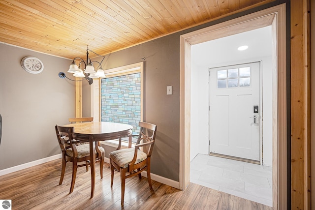 505 S Cherry St, Kalkaska, MI 49646 - dining room with a chandelier, baseboards, wood ceiling, and ornamental molding